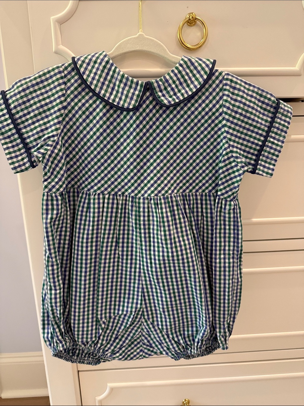 Toddler Gingham Peter Pan Collar Romper in Blue & Green
